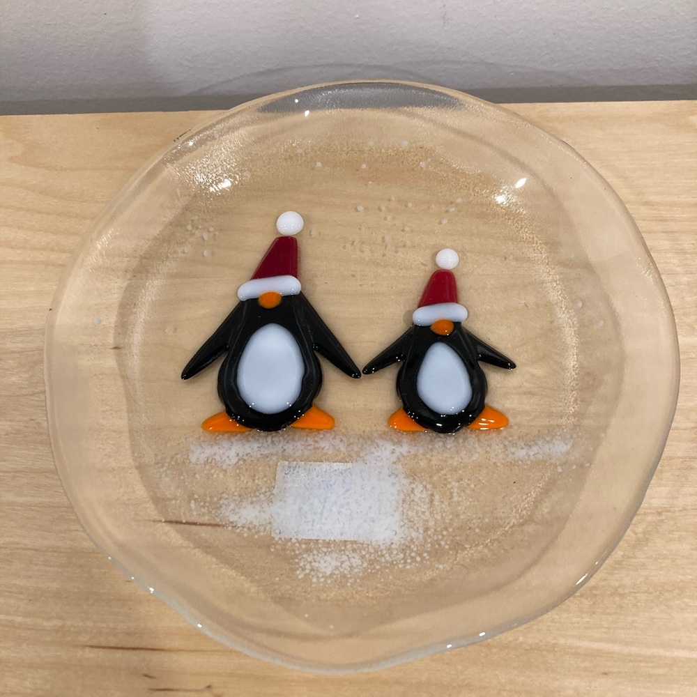 Festive Handmade Fused Glass Plate with Penguins